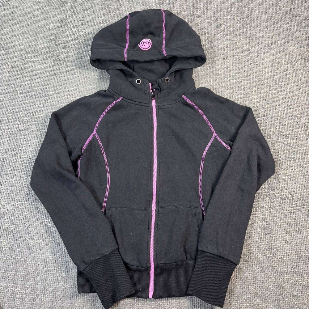 Pusch Full Zip Hoodie Womens Small Black Pink Contrast Stitch Y2K Cyber